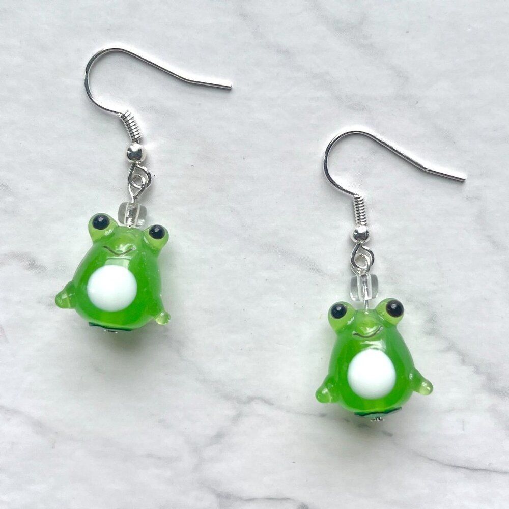 Green Glass Smiling Frog Toad Charm Earrings